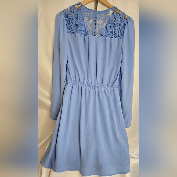Gianni B. Blue Faux Wrap Mini Dress Medium | 3/4 Sleeves | Embroidered - Picture 6 of 9